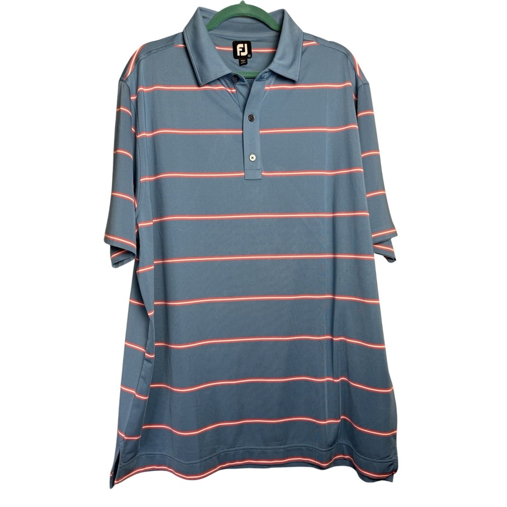 FJ Foot Joy Golf Polo Men's Blue Short‎ Sleeve Shirt Red/White Stripe XL
